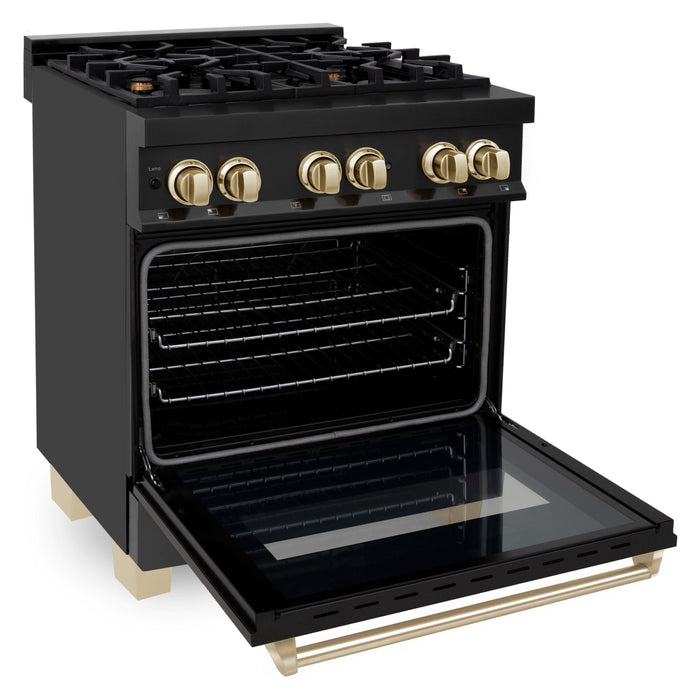 ZLINE Autograph Package - 30 In. Dual Fuel Range, Range Hood, Refrigerator, and Dishwasher in Black Stainless Steel with Gold Accents, 4AKPR-RABRHDWV30-G