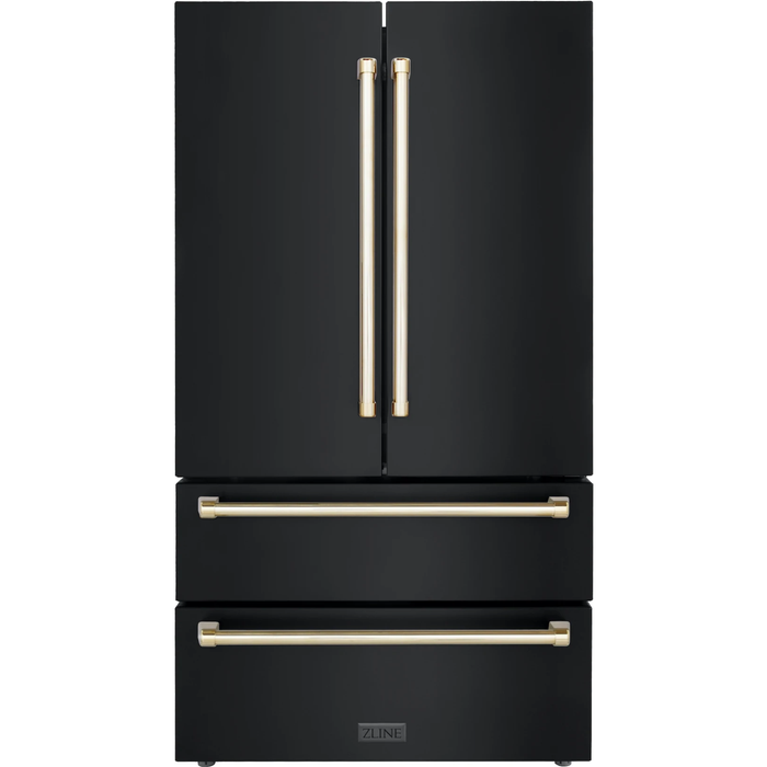 ZLINE Autograph Package - 30 In. Dual Fuel Range, Range Hood, Refrigerator, and Dishwasher in Black Stainless Steel with Gold Accents, 4AKPR-RABRHDWV30-G