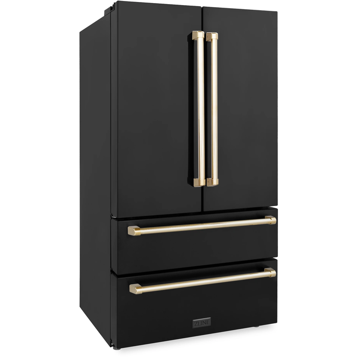 ZLINE Autograph Package - 30 In. Dual Fuel Range, Range Hood, Refrigerator, and Dishwasher in Black Stainless Steel with Gold Accents, 4AKPR-RABRHDWV30-G