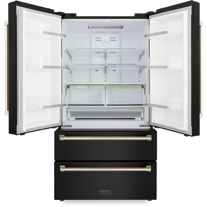 ZLINE Autograph Package - 30 In. Dual Fuel Range, Range Hood, Refrigerator, and Dishwasher in Black Stainless Steel with Gold Accents, 4AKPR-RABRHDWV30-G