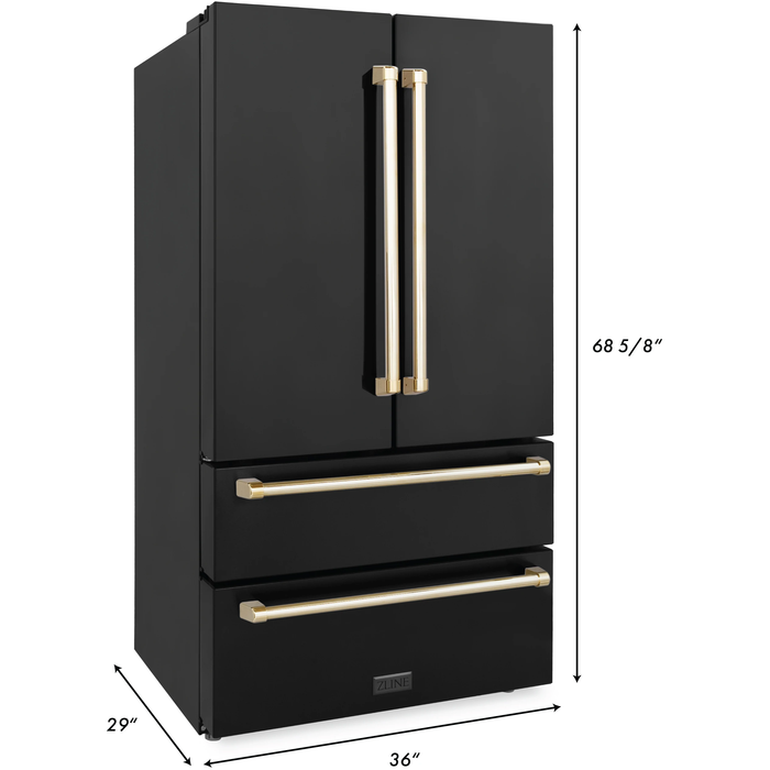 ZLINE Autograph Package - 30 In. Dual Fuel Range, Range Hood, Refrigerator, and Dishwasher in Black Stainless Steel with Gold Accents, 4AKPR-RABRHDWV30-G