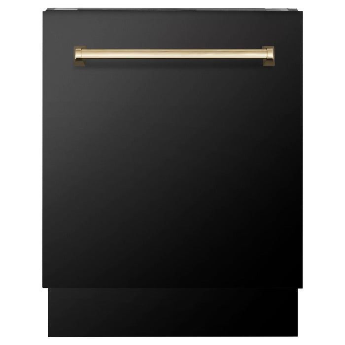 ZLINE Autograph Package - 30 In. Dual Fuel Range, Range Hood, Refrigerator, and Dishwasher in Black Stainless Steel with Gold Accents, 4AKPR-RABRHDWV30-G