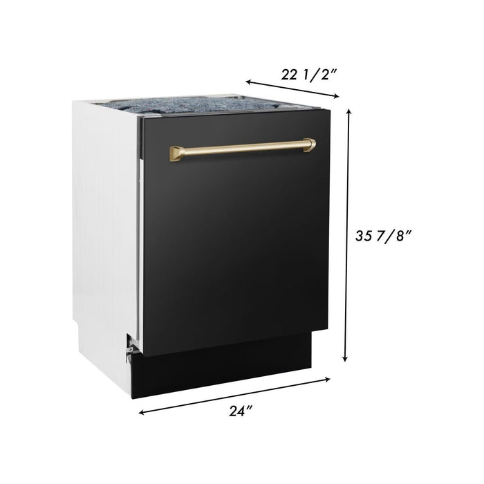 ZLINE Autograph Package - 30 In. Dual Fuel Range, Range Hood, Refrigerator with External Ice Maker and Water Dispenser, and Dishwasher in Black Stainless Steel with Gold Accents, 4KAPR-RABRHDWV30-G