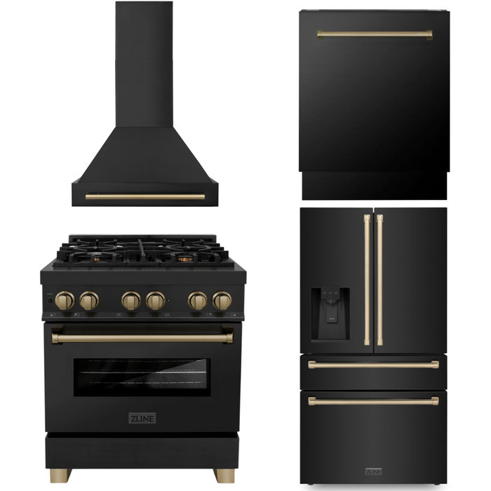 ZLINE Autograph Package - 30 In. Dual Fuel Range, Range Hood, Refrigerator with Water and Ice Dispenser and Dishwasher in Black with Bronze Accents, 4KAPR-RABRHDWV30-CB