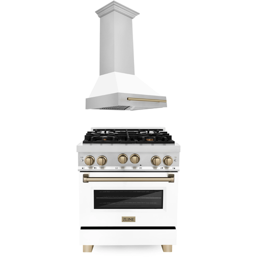 ZLINE Autograph Package - 30 In. Gas Range and Range Hood in Stainless Steel with White Matte Door and Champagne Bronze Accents, 2AKP-RGWMRH30-CB