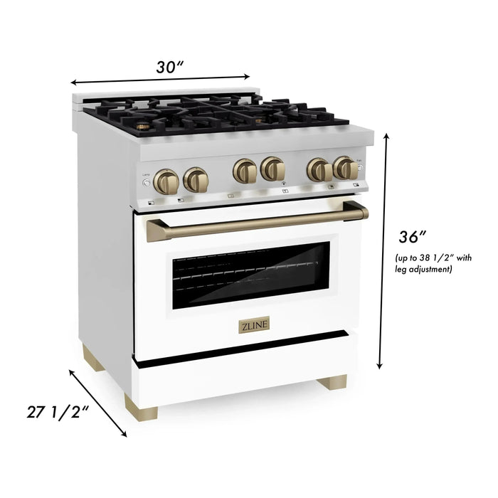 ZLINE Autograph Package - 30 In. Gas Range and Range Hood in Stainless Steel with White Matte Door and Champagne Bronze Accents, 2AKP-RGWMRH30-CB