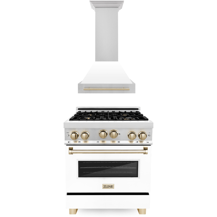 ZLINE Autograph Package - 30 In. Gas Range and Range Hood in Stainless Steel with White Matte Door and Gold Accents, 2AKP-RGWMRH30-G