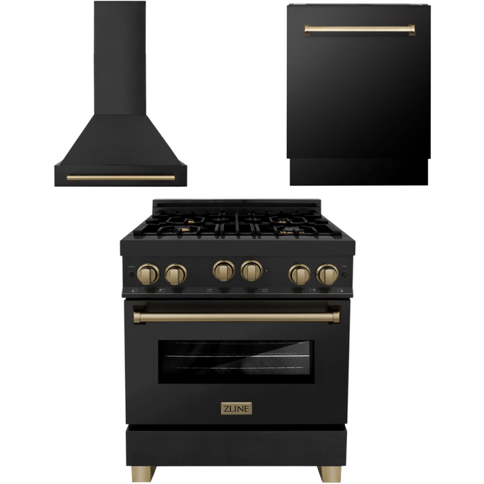 ZLINE Autograph Package - 30 In. Gas Range, Range Hood, Dishwasher in Black Stainless Steel with Champagne Bronze Accents, 3AKP-RGBRHDWV30-CB