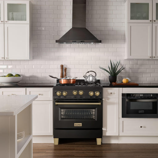 ZLINE Autograph Package - 30 In. Gas Range, Range Hood, Dishwasher in Black Stainless Steel with Champagne Bronze Accents, 3AKP-RGBRHDWV30-CB