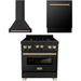 ZLINE Autograph Package - 30 In. Gas Range, Range Hood, Dishwasher in Black Stainless Steel with Gold Accent, 3AKP-RGBRHDWV30-G