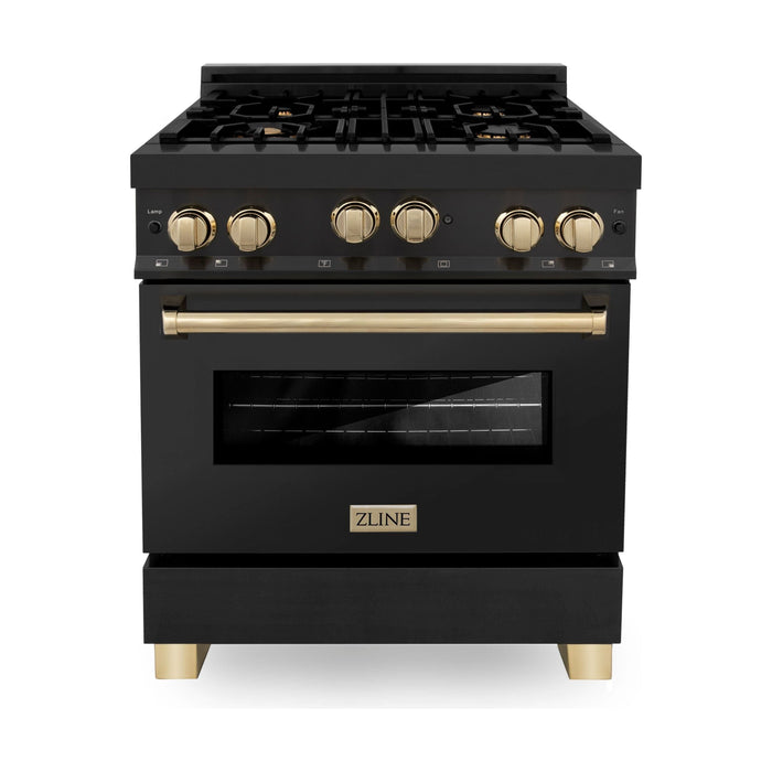 ZLINE Autograph Package - 30 In. Gas Range, Range Hood, Dishwasher in Black Stainless Steel with Gold Accent, 3AKP-RGBRHDWV30-G