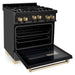 ZLINE Autograph Package - 30 In. Gas Range, Range Hood, Dishwasher in Black Stainless Steel with Gold Accent, 3AKP-RGBRHDWV30-G