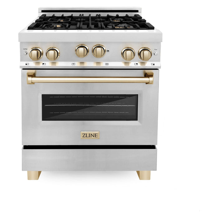 ZLINE Autograph Package - 30 In. Gas Range, Range Hood, Dishwasher in Stainless Steel with Gold Accents, 3AKP-RGRHDWM30-G