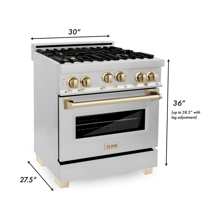 ZLINE Autograph Package - 30 In. Gas Range, Range Hood, Dishwasher in Stainless Steel with Gold Accents, 3AKP-RGRHDWM30-G