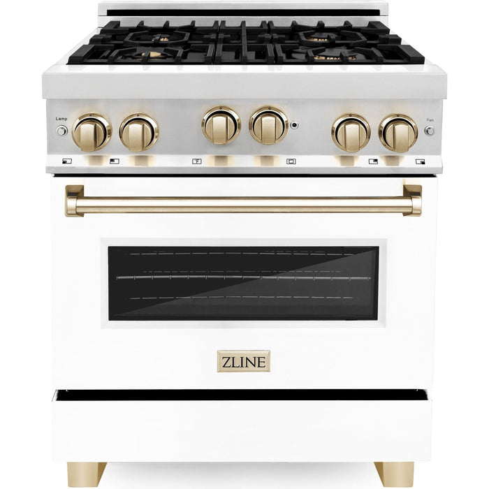 ZLINE Autograph Package - 30 In. Gas Range, Range Hood, Dishwasher in White Matte with Gold Accents, 3AKP-RGWMRHDWM30-G