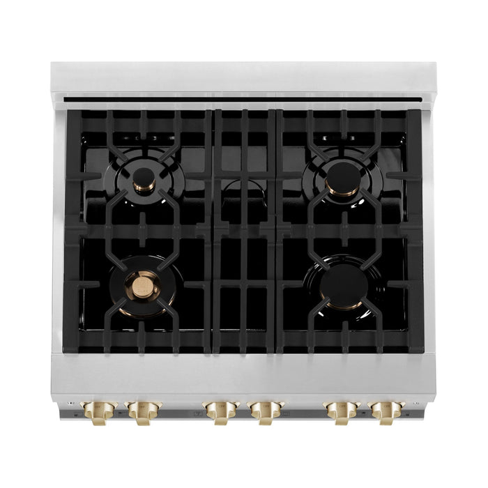 ZLINE Autograph Package - 30 In. Gas Range, Range Hood, Dishwasher in White Matte with Gold Accents, 3AKP-RGWMRHDWM30-G