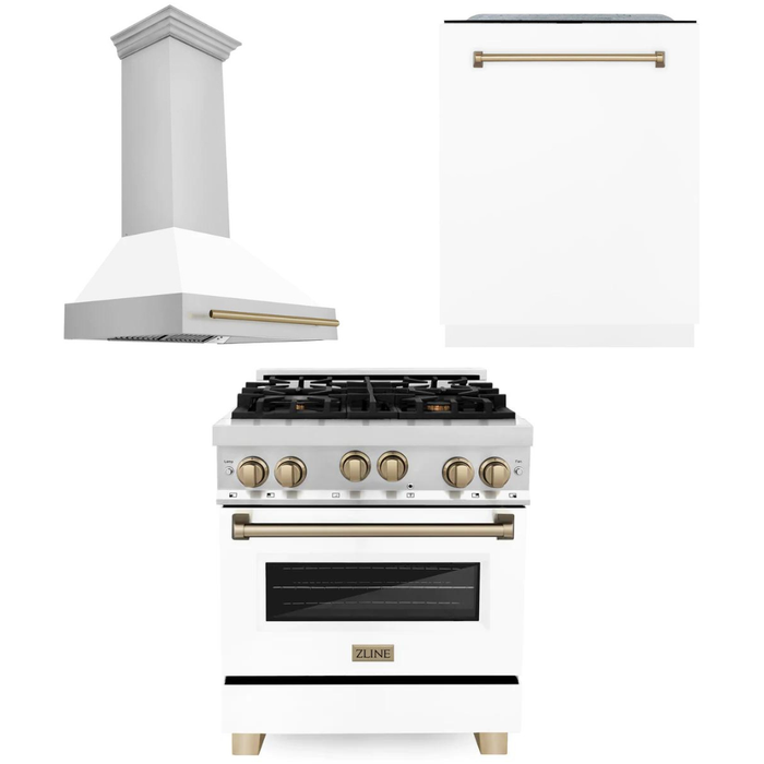 ZLINE Autograph Package - 30 In. Gas Range, Range Hood, Dishwasher in White with Champagne Bronze Accents, 3AKP-RGWMRHDWM30-CB