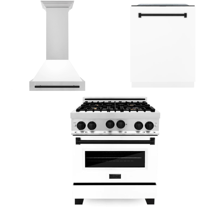 ZLINE Autograph Package - 30 In. Gas Range, Range Hood, Dishwasher in White with Matte Black Accents, 3AKP-RGWMRHDWM30-MB