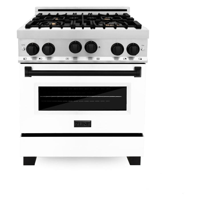 ZLINE Autograph Package - 30 In. Gas Range, Range Hood, Dishwasher in White with Matte Black Accents, 3AKP-RGWMRHDWM30-MB