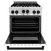 ZLINE Autograph Package - 30 In. Gas Range, Range Hood, Dishwasher in White with Matte Black Accents, 3AKP-RGWMRHDWM30-MB