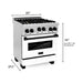 ZLINE Autograph Package - 30 In. Gas Range, Range Hood, Dishwasher in White with Matte Black Accents, 3AKP-RGWMRHDWM30-MB