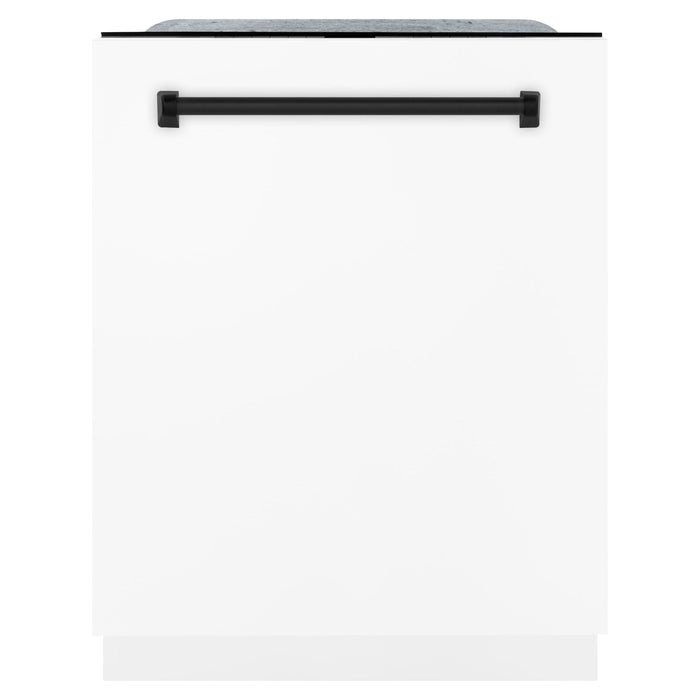 ZLINE Autograph Package - 30 In. Gas Range, Range Hood, Dishwasher in White with Matte Black Accents, 3AKP-RGWMRHDWM30-MB