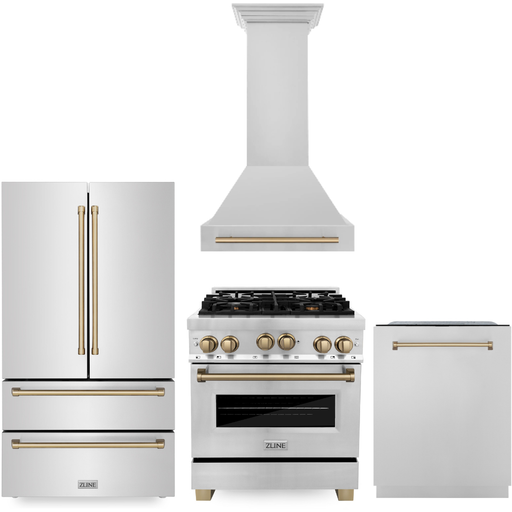 ZLINE Autograph Package - 30 In. Gas Range, Range Hood, Dishwasher, Refrigerator with Champagne Bronze Accents, 4KAPR-RGRHDWM30-CB