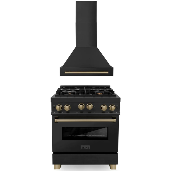 ZLINE Autograph Package - 30 In. Gas Range, Range Hood in Black Stainless Steel with Champagne Bronze Accents, 2AKP-RGBRH30-CB