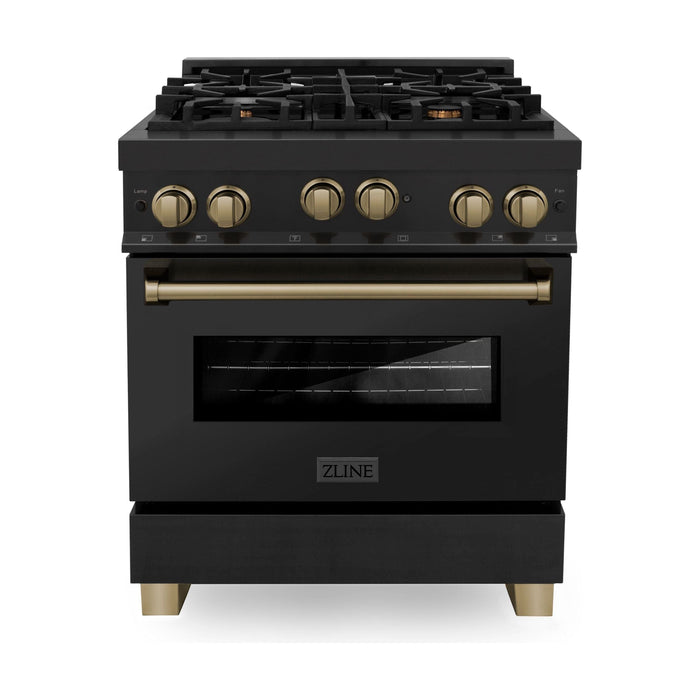 ZLINE Autograph Package - 30 In. Gas Range, Range Hood in Black Stainless Steel with Champagne Bronze Accents, 2AKP-RGBRH30-CB