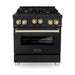 ZLINE Autograph Package - 30 In. Gas Range, Range Hood in Black Stainless Steel with Gold Accents, 2AKP-RGBRH30-G