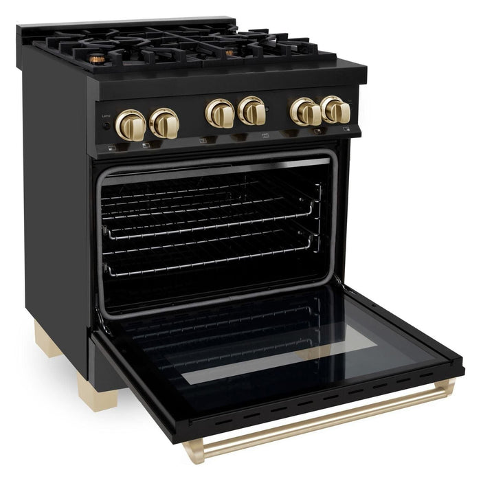 ZLINE Autograph Package - 30 In. Gas Range, Range Hood in Black Stainless Steel with Gold Accents, 2AKP-RGBRH30-G