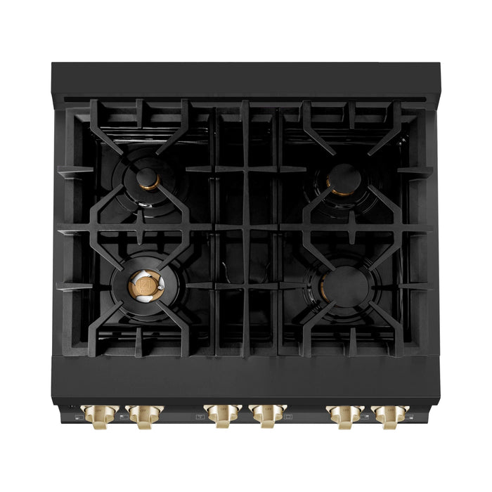 ZLINE Autograph Package - 30 In. Gas Range, Range Hood in Black Stainless Steel with Gold Accents, 2AKP-RGBRH30-G