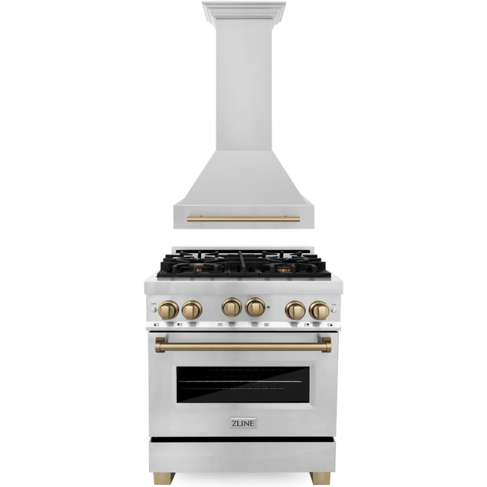 ZLINE Autograph Package - 30 In. Gas Range, Range Hood in Stainless Steel with Champagne Bronze Accents, 2AKP-RGRH30-CB