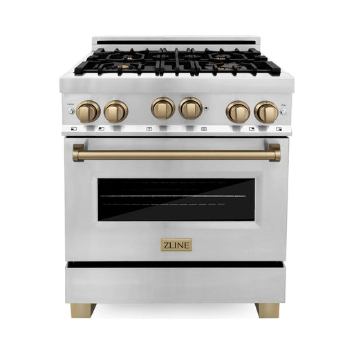 ZLINE Autograph Package - 30 In. Gas Range, Range Hood in Stainless Steel with Champagne Bronze Accents, 2AKP-RGRH30-CB