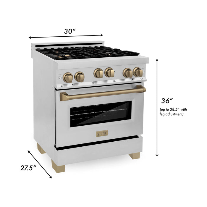 ZLINE Autograph Package - 30 In. Gas Range, Range Hood in Stainless Steel with Champagne Bronze Accents, 2AKP-RGRH30-CB