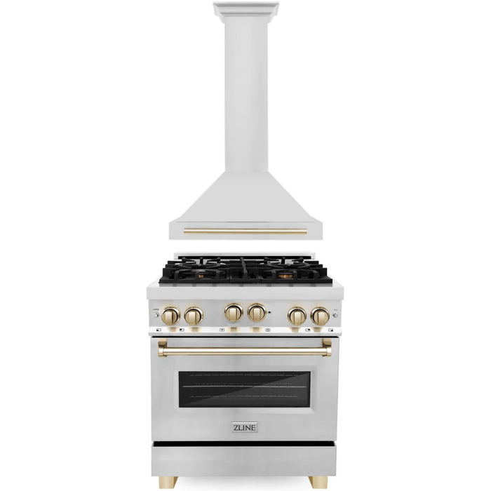 ZLINE Autograph Package - 30 In. Gas Range, Range Hood in Stainless Steel with Gold Accents, 2AKP-RGRH30-G