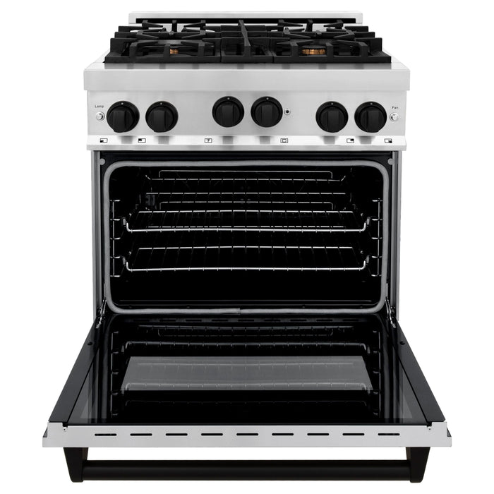 ZLINE Autograph Package - 30 In. Gas Range, Range Hood in Stainless Steel with Matte Black Accents, 2AKP-RGRH30-MB