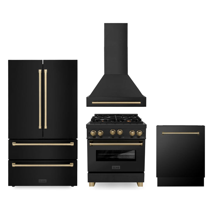 ZLINE Autograph Package - 30 In. Gas Range, Range Hood, Refrigerator, and Dishwasher in Black Stainless Steel with Champagne Bronze Accents, 4AKPR-RGBRHDWV30-CB