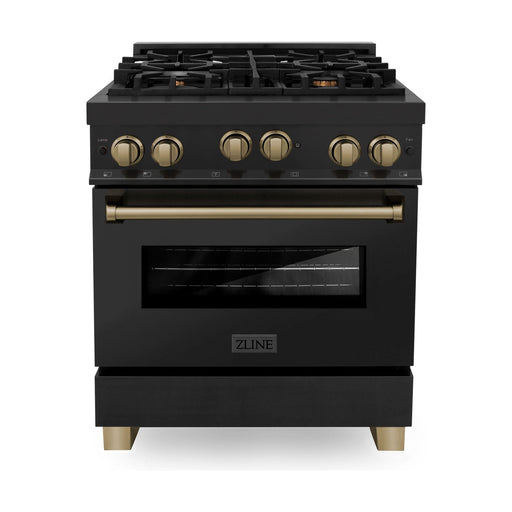 ZLINE Autograph Package - 30 In. Gas Range, Range Hood, Refrigerator, and Dishwasher in Black Stainless Steel with Champagne Bronze Accents, 4AKPR-RGBRHDWV30-CB