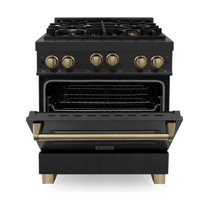 ZLINE Autograph Package - 30 In. Gas Range, Range Hood, Refrigerator, and Dishwasher in Black Stainless Steel with Champagne Bronze Accents, 4AKPR-RGBRHDWV30-CB