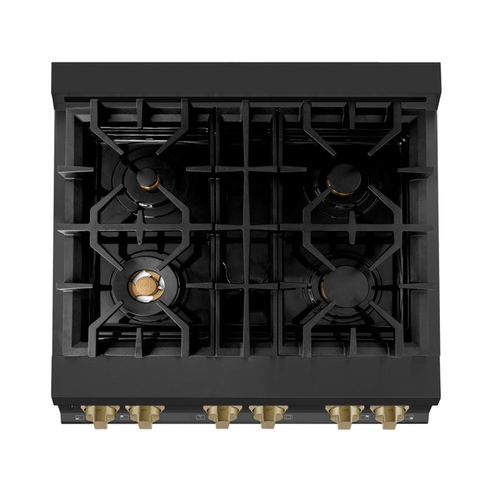 ZLINE Autograph Package - 30 In. Gas Range, Range Hood, Refrigerator, and Dishwasher in Black Stainless Steel with Champagne Bronze Accents, 4AKPR-RGBRHDWV30-CB