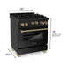 ZLINE Autograph Package - 30 In. Gas Range, Range Hood, Refrigerator, and Dishwasher in Black Stainless Steel with Champagne Bronze Accents, 4AKPR-RGBRHDWV30-CB