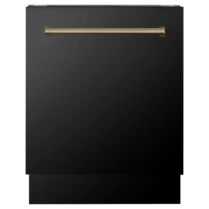 ZLINE Autograph Package - 30 In. Gas Range, Range Hood, Refrigerator, and Dishwasher in Black Stainless Steel with Champagne Bronze Accents, 4AKPR-RGBRHDWV30-CB