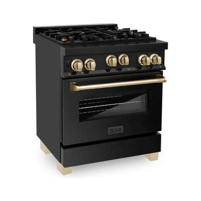 ZLINE Autograph Package - 30 In. Gas Range, Range Hood, Refrigerator, and Dishwasher in Black Stainless Steel with Gold Accents, 4AKPR-RGBRHDWV30-G