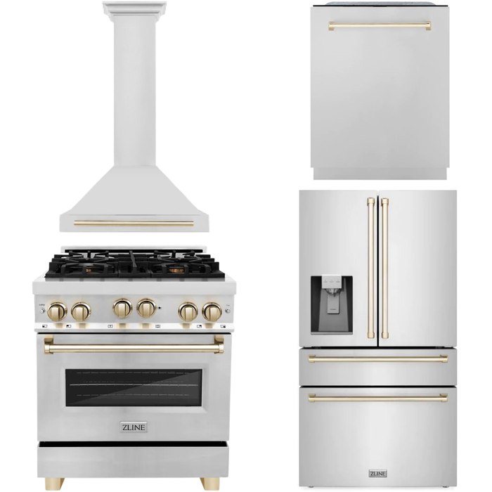 ZLINE Autograph Package - 30 In. Gas Range, Range Hood, Refrigerator, and Dishwasher in Stainless Steel with Gold Accents, 4AKPR-RGRHDWM30-G