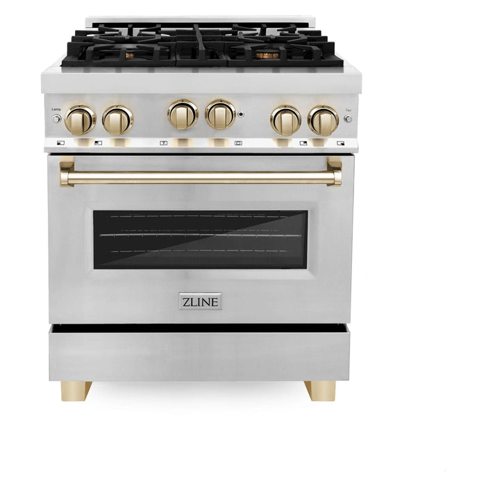 ZLINE Autograph Package - 30 In. Gas Range, Range Hood, Refrigerator, and Dishwasher in Stainless Steel with Gold Accents, 4AKPR-RGRHDWM30-G