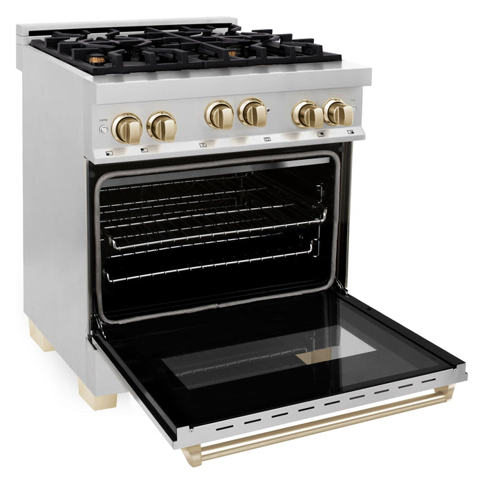 ZLINE Autograph Package - 30 In. Gas Range, Range Hood, Refrigerator, and Dishwasher in Stainless Steel with Gold Accents, 4AKPR-RGRHDWM30-G