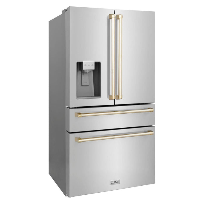 ZLINE Autograph Package - 30 In. Gas Range, Range Hood, Refrigerator, and Dishwasher in Stainless Steel with Gold Accents, 4AKPR-RGRHDWM30-G