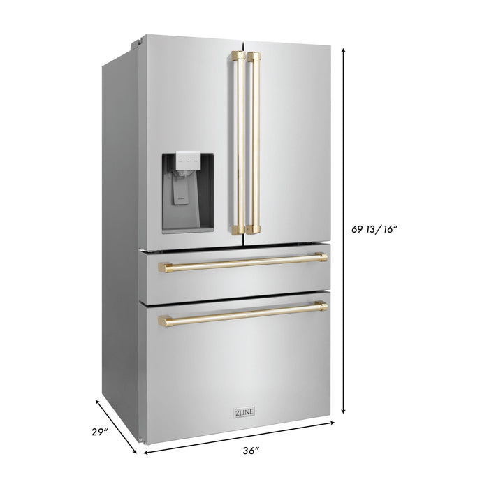 ZLINE Autograph Package - 30 In. Gas Range, Range Hood, Refrigerator, and Dishwasher in Stainless Steel with Gold Accents, 4AKPR-RGRHDWM30-G