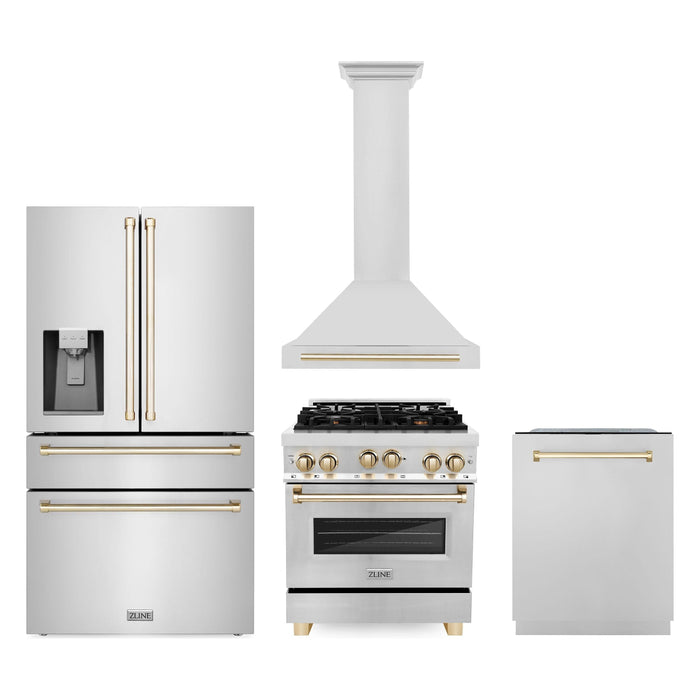 ZLINE Autograph Package - 30 In. Gas Range, Range Hood, Refrigerator, and Dishwasher in Stainless Steel with Gold Accents, 4AKPR-RGRHDWM30-G